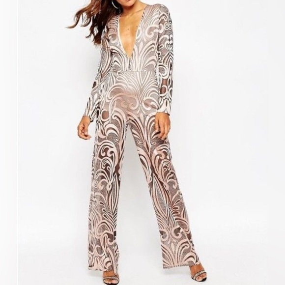 ASOS Premium Jumpsuit With Plunge Neck in Soft Devore Burnout NWT! Size 12 - Picture 2 of 4